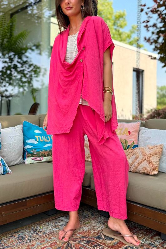 Sandbar Linen Blend Drape Front Cap Sleeve Gilet Watermelon